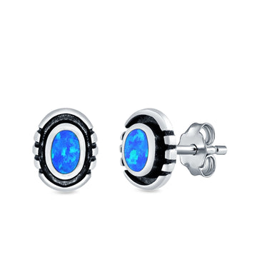 Oval Stud Earrings Lab Created Blue Opal 925 Sterling Silver (8.5mm)